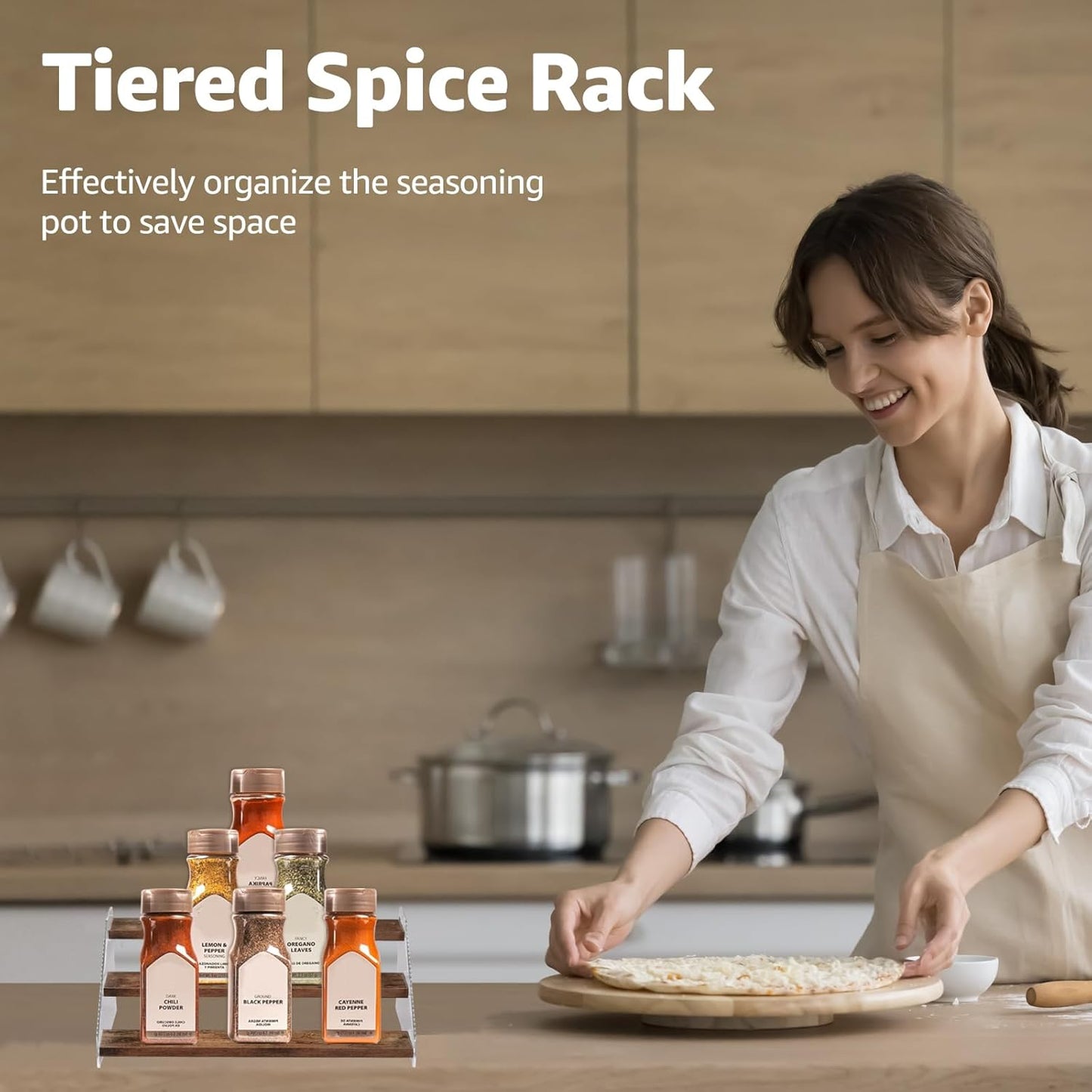 nianfeng Tiered Spice Rack, 3-Tier Spice Pantry Kitchen Cabinet Organizer, 12-Inch, Natural Wood Acrylic Stair Riser Stand, Countertop Seasoning Shelf (Rustic Brown)