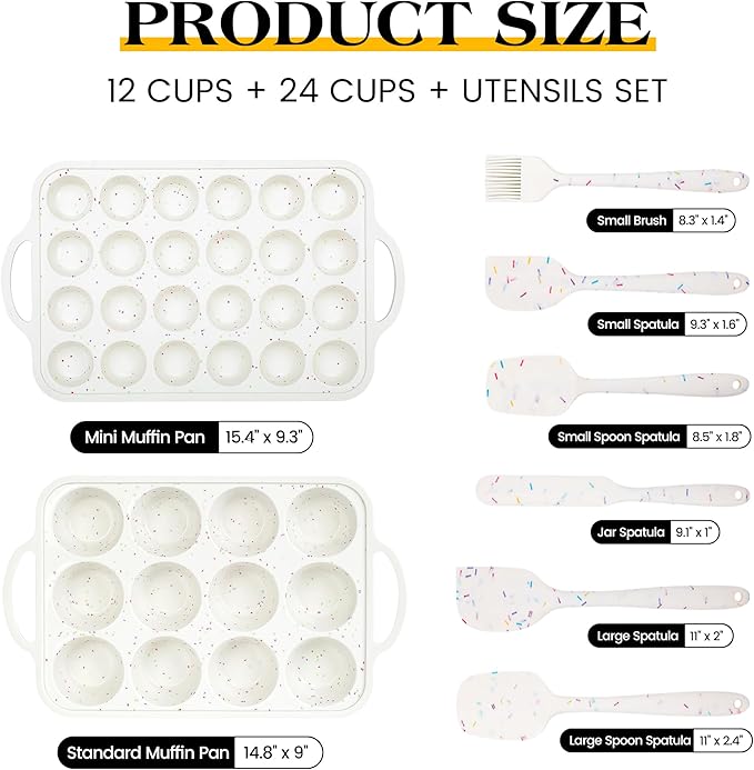 8 Pcs Silicone Muffin Pan Set, 12 Cup Regular and 24 Cup Mini Nonstick Muffin Tray with 6 Pcs Utensils, Silicone Muffin Pan for Baking with Metal Reinforced Frame BPA Free (8 Pcs, Cream)