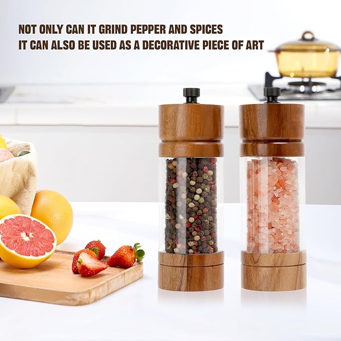 2 Pack 5.5 Inch Wood Salt and Pepper Grinder Set, Premium Acrylic Salt and Pepper Grinder Set with a Adjustable Ceramic Rotor - Made of High-Grade Acacia Wood Material