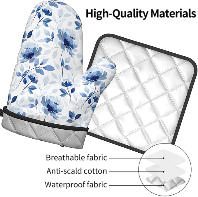 Blue Floral Oven Mitts Pot Holders Set of 2 Watercolor Leaves Heat Resistant Kitchen Mittens Potholders for Chef Baking Cooking Grilling