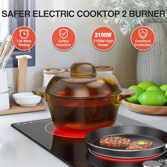110v Electric Cooktop 2 Burners, 12'' Electric Stove Top with Plug in, GTKZW Knob Control Countertop & Built-in Ceramic Cooktop, 9 Power Levels, Child Lock, Timer, Over-Heat Protection