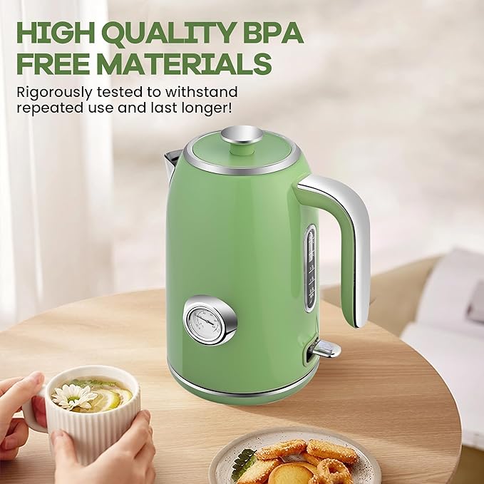 Pukomc Electric Kettle,1.7L Stainless Steel Electric tea kettle with Temperature Gauge, Fast Boiling, Auto Shut - off, BPA - Free, Boil - Dry Protection, (Retro Green)
