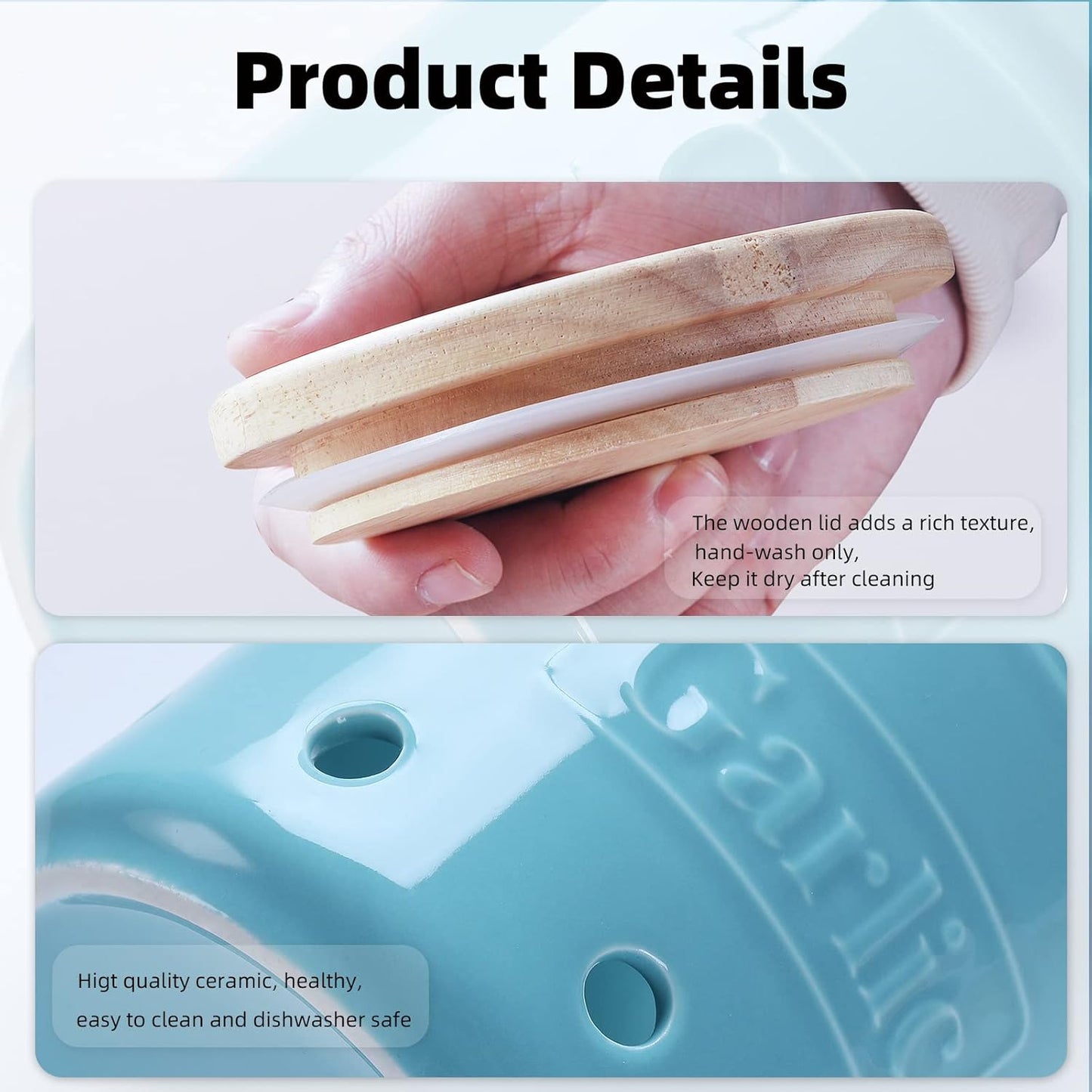 Large Garlic Keeper with Wooden Lid, Ceramic Garlic Holder Storage, Garlic Container for Kitchen, Garlic Saver to Keep Your Garlic Cloves Fresh Longer 4.5-Inch, Turquoise