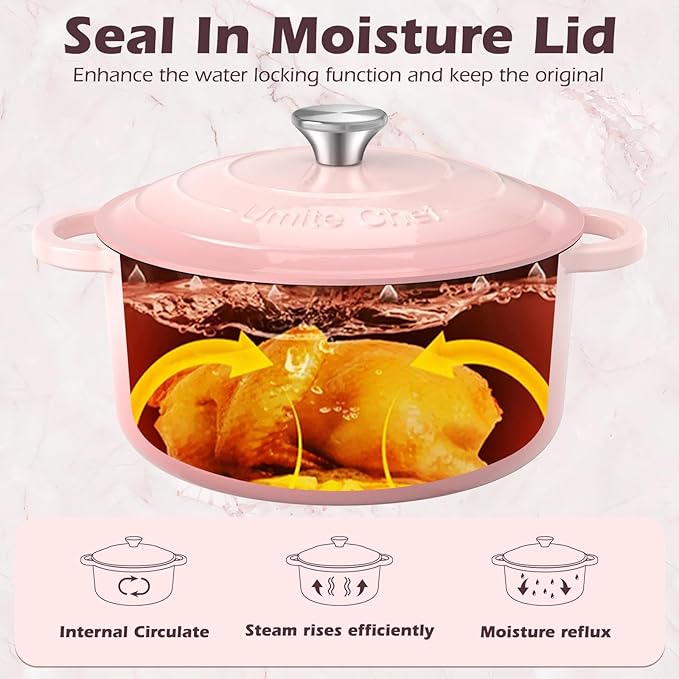 Umite Chef 5QT Enameled Cast Iron Dutch Oven Pot with Lid, Heavy-Duty Cookware for Bread Baking, Braising, Stews, Roasting, Wedding Registry Ideas & Gifts (Pink)