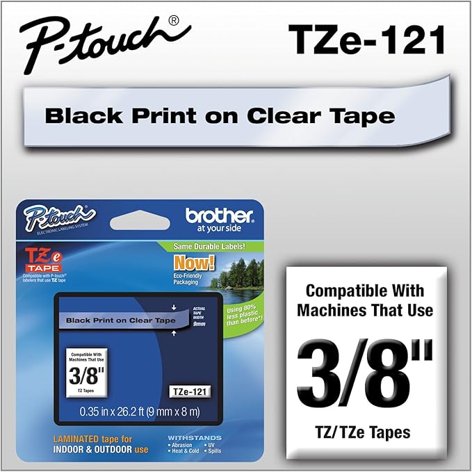 Brother Genuine P-Touch TZE-121 Tape, 9 mm (0.35") Standard Laminated P-Touch Tape, Black on Clear, Laminated for Indoor or Outdoor Use, Water-Resistant, 26.2 ft (8 m), Single-Pack
