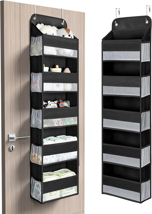 Yecaye 1 Pc Over the Door Organizer with 5 Bins 10 Side Pockets, 44lbs Load Hanging Bathroom and Bedroom Organizer, behind the Door Hanging Organizers for Nursery Newborn Baby Essential Stuff Black