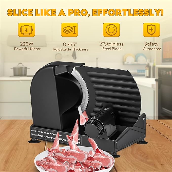 Meat Slicer, 220W Electric Deil Food Slicer with 2 Removable 7.5" Blades, 4/5" Adjustable Thickness, Food Slicer Machine for Home Cutting Meat Cheese Bread Vegetables, 110V CE