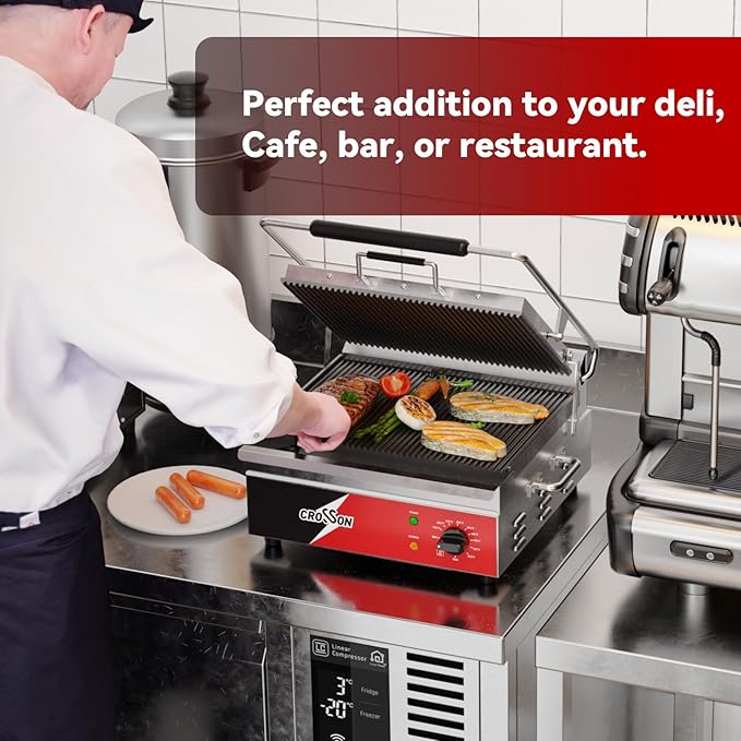 CROSSON 15"×11" Ribbed ETL Listed Commercial Electric Panini Grill,Hinged Auto Leveling Top Plate Panini Press Sandwitch Maker