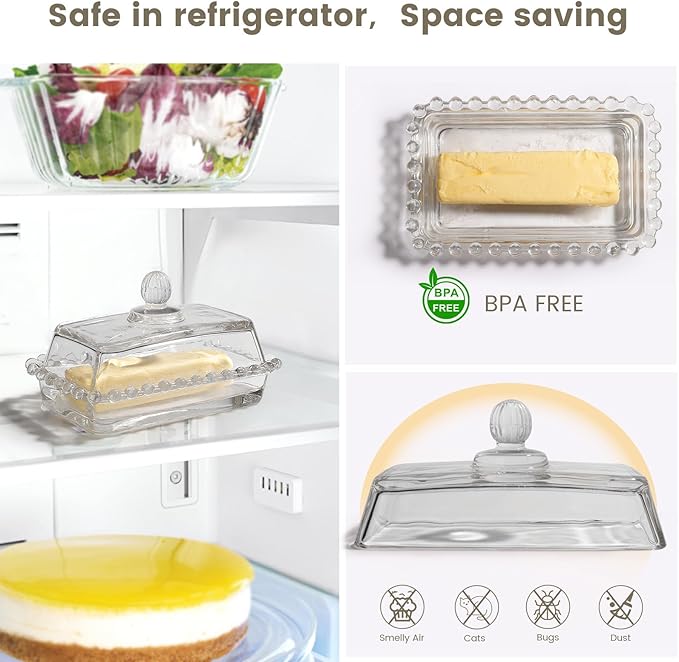 Glass Butter Dish with Large capacity for Countertop Crystal Butter Container with Cover for Counter Butter Keeper Tray Holder for Refrigerator