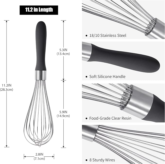 18/8 Stainless Steel Balloon Whisk, Doosu Kitchen Whisk for Cooking Handheld Egg Beater with Rust-Proof Sturdy Wires & Non-Slip Silicone Handle for Beating, Stirring, Blending (8 Wires, Black)