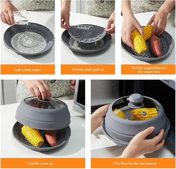 Microwave Splatter Silicone Cover Collapsible, Vented Multifunction Splash Lid with Glass Dish Bowl Plate for Food Cooking Bacon Maker, Dishwasher Safe BPA-Free 9 inch Cookware Set Grey