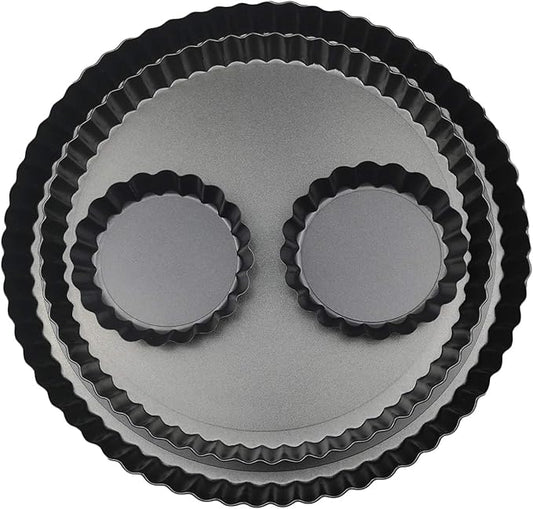 11 & 9 Inch Round Tart Pans with 2Pcs 4'' Mini Pans. Removable Bottom, Non-Stick Coating, Rugged Carbon Steel for Tart Quiche Pie Making. Gift for Christmas Thanksgiving Party Festival Family