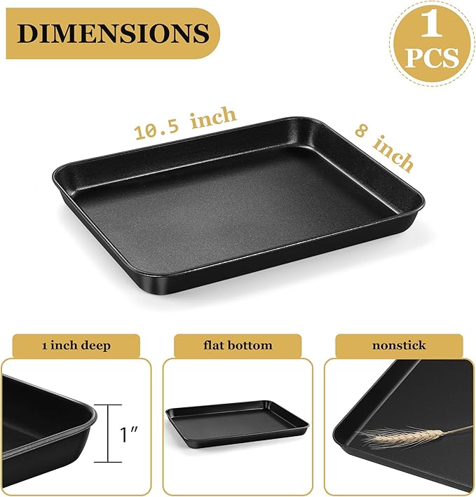 E-far Toaster Oven Tray, 10.5x8x1 Inch Nonstick Baking Cookies Sheet Pan for Oven, Small Metal Carbon Steel Baking Pan for Bacon Steak, Nontoxic & Easy Clean, Heat & Warp Resistant