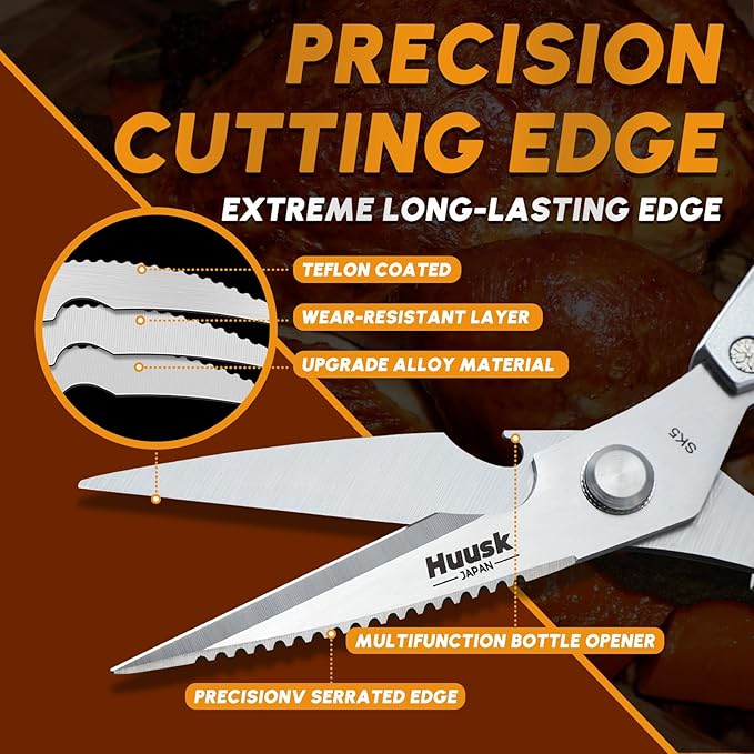 HUUSK Kitchen Scissors all Purpose - Stainless Steel Kitchen Shear, Sharp Silver Meat Scissors Dishwasher Safe, Heavy Duty Poultry Shears, Japanese Cooking Scissor for Food, Chicken Bones, and Turkey