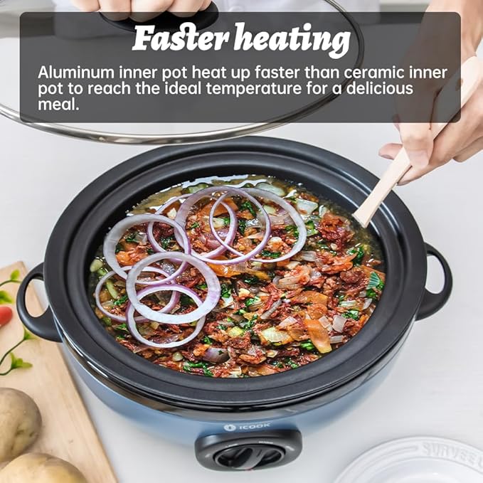 ICOOK USC-35-OP001BL 3.5 Quart Slow Cooker,Aluminium Sear/Sauté Stew Pot Stovetop safe,Dishwasher Safe,Glass Lid,Adjustable Temp,Food Warmer,Blue