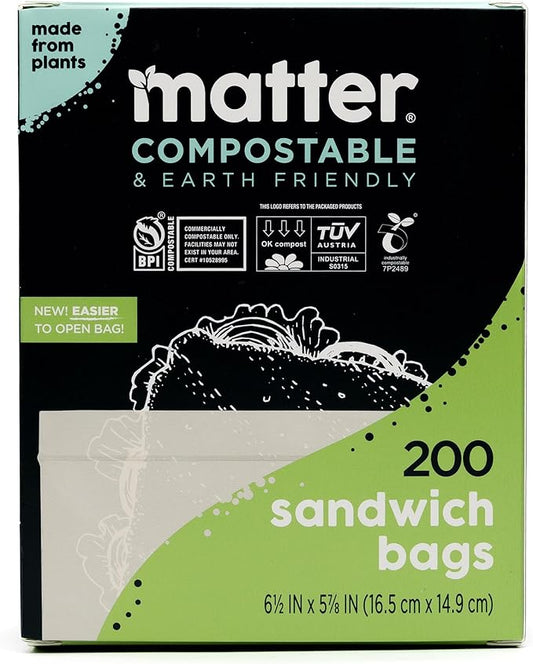 Matter Compostable Sandwich Bags for Food Storage, Eco-Friendly, Resealable, 200 Count