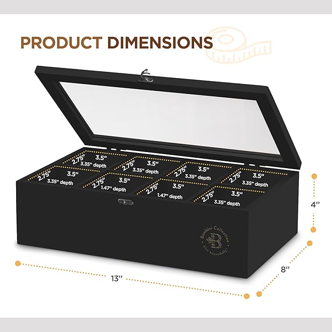 Bambüsi Tea Bag Organizer - Bamboo Tea Box Organizer Storage Box, Tea Bag Holder with Acrylic Window, Magnetic Lid Keeps Tea Bags Fresh - Ideal Gifts Tea Organizer Caddy (Tea Not Included) - Black