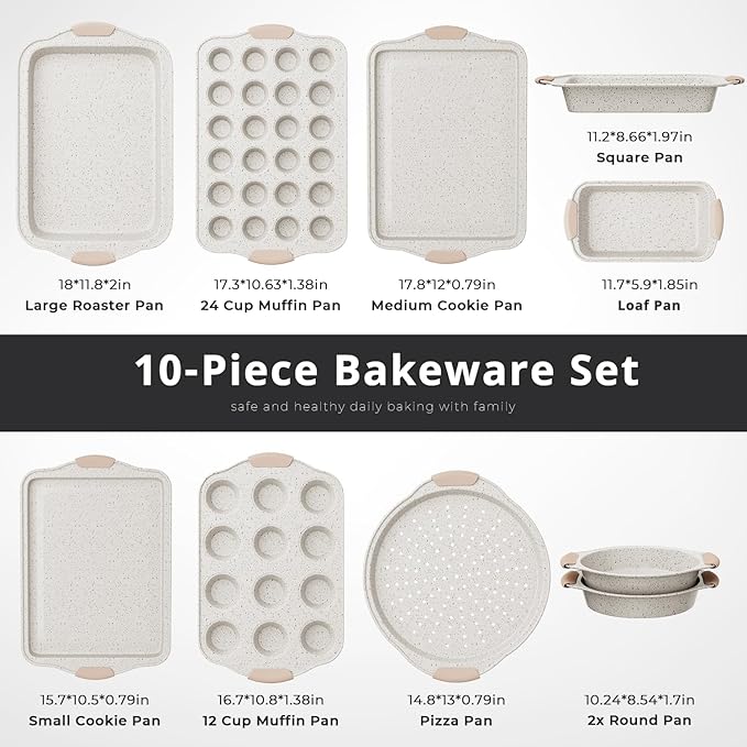 10-Piece Baking Pans Set Nonstick, Stackable Bakeware, Toxin-Free Baking Pans Set with Silicone Handles, Includes Cookie Sheets, Cake Pan, Loaf Pan, Pizza Pan, Muffin Pan, White&Khaki