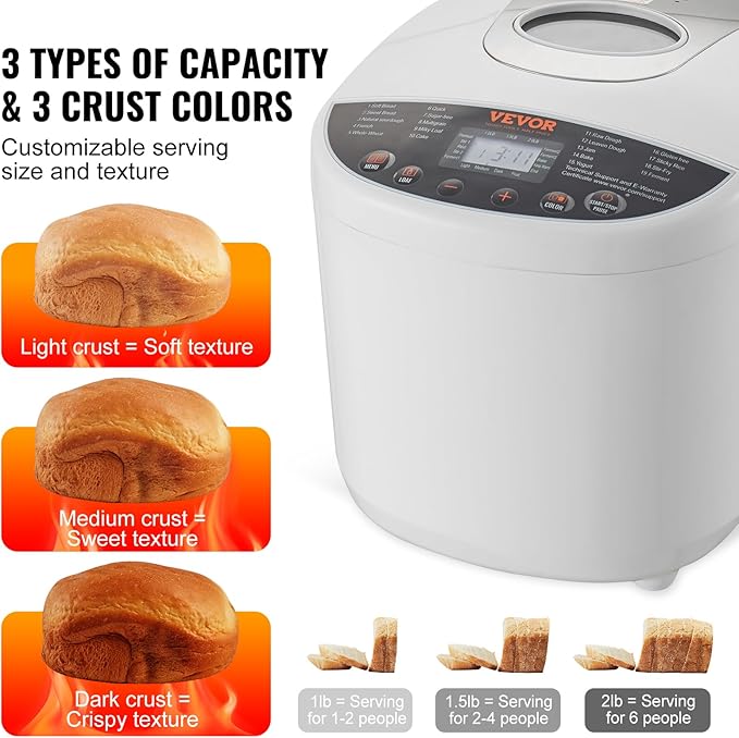 VEVOR Bread Maker, 19-in-1 2LB Dough Machine, Nonstick Ceramic Pan Automatic Breadmaker with Gluten Free Setting, Whole Wheat Bread Making, Digital, Programmable, 3 Loaf Sizes, 3 Crust Colors, White