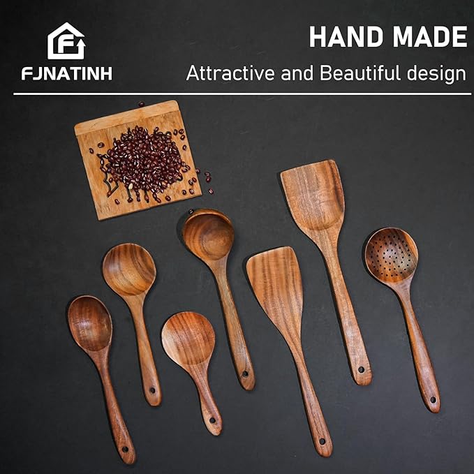FJNATINH 7-Piece Nonstick Wooden Cooking Utensils Set, Natural and Healthy Kitchen Utensils（7 Pcs）