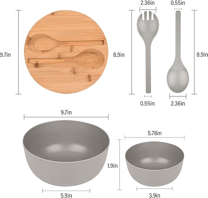 Bamboo Fiber Salad Bowl with Servers Set Large 9.8inches Nature Bamboo Mixing Bowl with Servers with Lid Spoon and Fork for Fruits,Salads and Vegetables