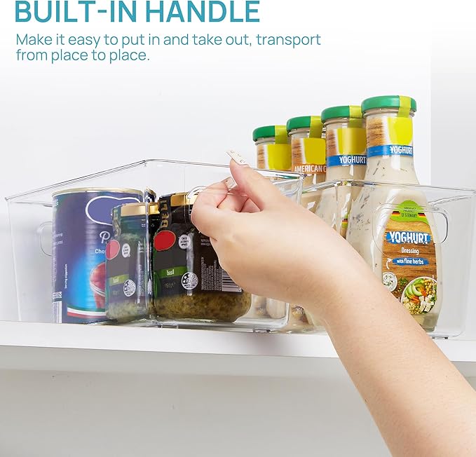 Vtopmart Clear Plastic Pantry Organizer Bins, 6 PCS Food Storage Bins with Handle for Refrigerator, Fridge, Cabinet, Kitchen, Countertops, Cupboard, Freezer Organization and Storage, BPA Free, Small