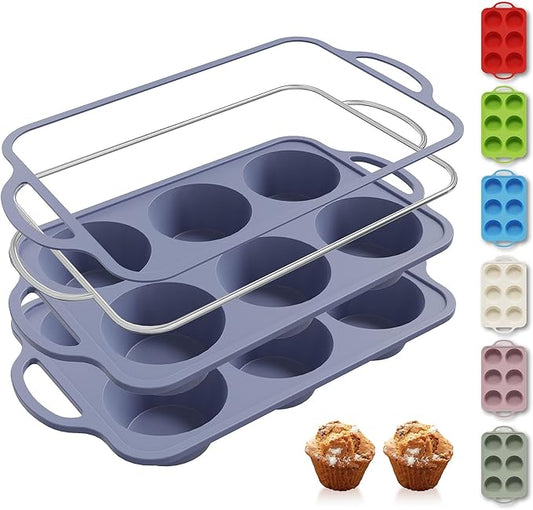 2 Packs 6 Cups Silicone Muffin Pan with Metal Reinforced Frame Jumbo Size Cupcake Pan Tray Egg Bites Silicone Circle Round Cookie Molds Muffin Tin Tall Tart Pans Baking Sheet Breakfast Sandwiches