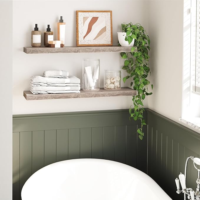 HOOBRO Floating Shelves for Wall, Wall Mounted Shelf Set of 2, 31.5" Hanging Shelf with Invisible Brackets, for Wall in Bathroom, Bedroom, Toilet, Kitchen, Living Room, Office, Greige BG80BJP201