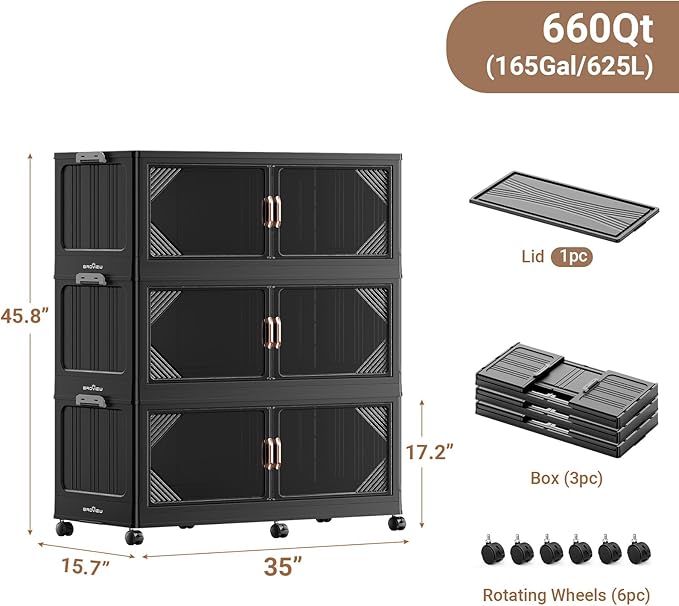 165Gal Plastic Stackable Storage Bins with Lid, 660QT Extra Large Closet Organizers Collapsible Cabinets Boxes With Drawers, Foldable Containers with 6x Wheels for Home Kitchen, V60 3Pack Black