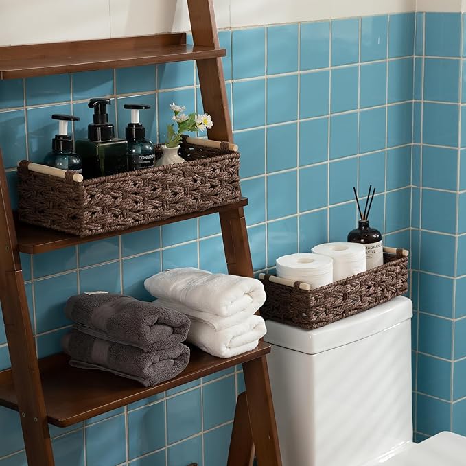 OIAHOMY Toilet Paper Baskets Handmade Paper Rope Decorative Wicker Storage Tank Shelf Cabinet Organizer for Bathroom Home, Set of 2, Brown