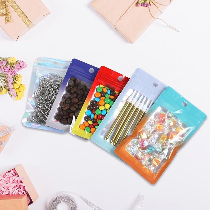 200 Pack Resealable Mylar Holographic Bags Food Storage Smell Proof Bags with Front Window Foil Packaging Pouch for Candy Sample Jewelry Small Business 4.13×5.91 Inch, Blue Fade Purple