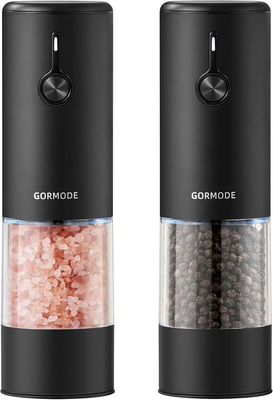 Stainless Steel Electric Salt and Pepper Grinder Set (Black) - 2 Pack Rechargeable Mills with LED Light, 6 Adjustable Grind Modes & Rustproof Design - Premium Kitchen Tool with USB-C Charging