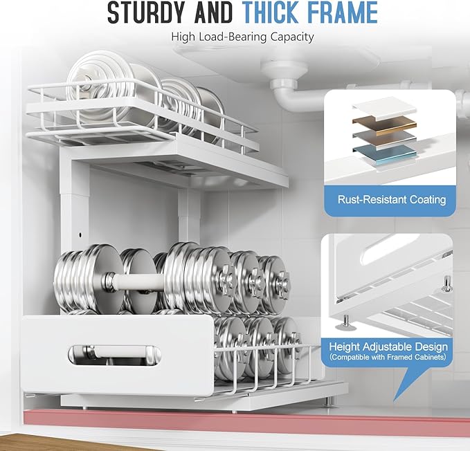 2 Pack Under Sink Organizer with Smooth Ball Bearing Slides, 2-Tier Pull Out Cabinet Storage, Slide Out Drawers for Bathroom and Kitchen, Under Sink Shelf, Rust-resistant Coating, Height Adjustable
