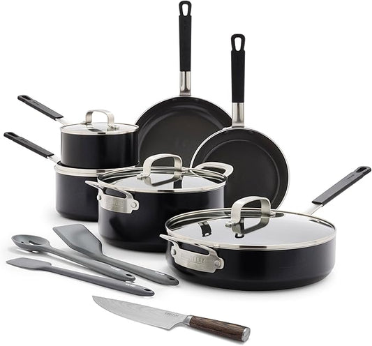 GreenPan x Bobby Flay 13 Piece Cookware Pots and Pans Set and 8" Chef's Knife. PFAS & PFOA-Free Ceramic Nonstick, Induction Suitable, Stay-Cool Silicone Handle, Dishwasher & Oven Safe, Black