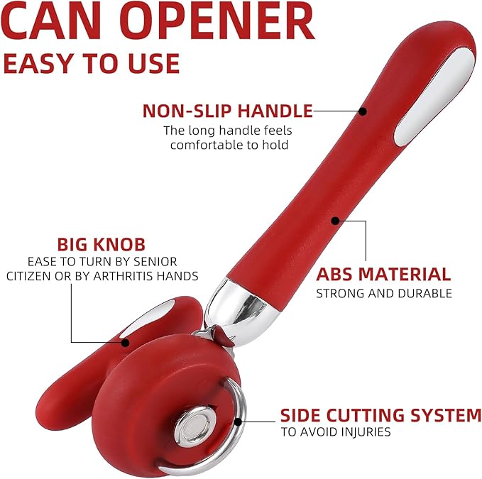Can Opener Manual Tin Opener Stainless Steel Heavy Duty, Oversized Hand-held Easy Rotary Knob, Safe Cut Manual Can Opener with Non-Slip Handle, Smoother Cut Sharp Blade for Seniors Kitchen Tool, Red