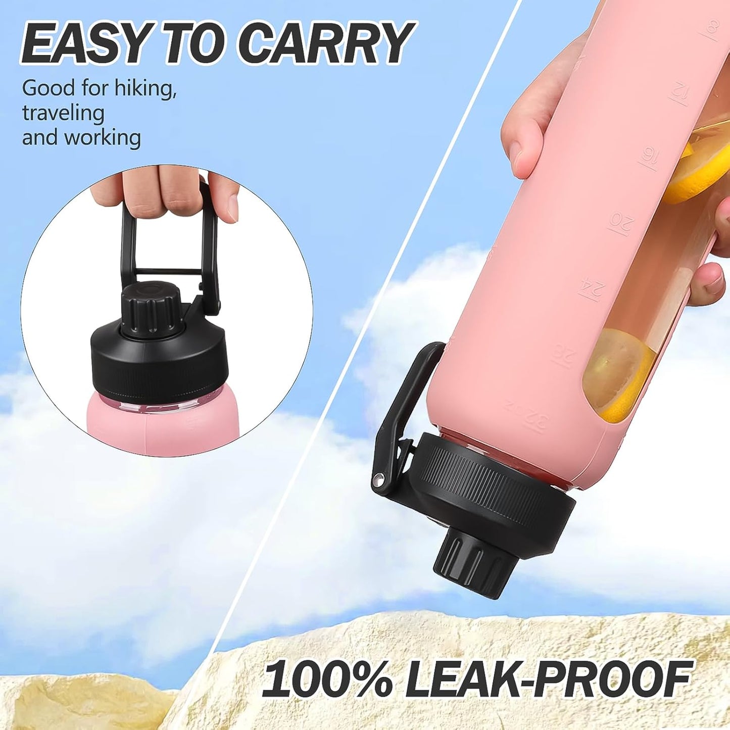 32oz Glass Water Bottle with Straw and 2 Lids- Bamboo Straw and Spout Lid with Phone Holder for Gym, Glass Drinking Bottles with Silicone Sleeve and Motivational Time Marker, Pink