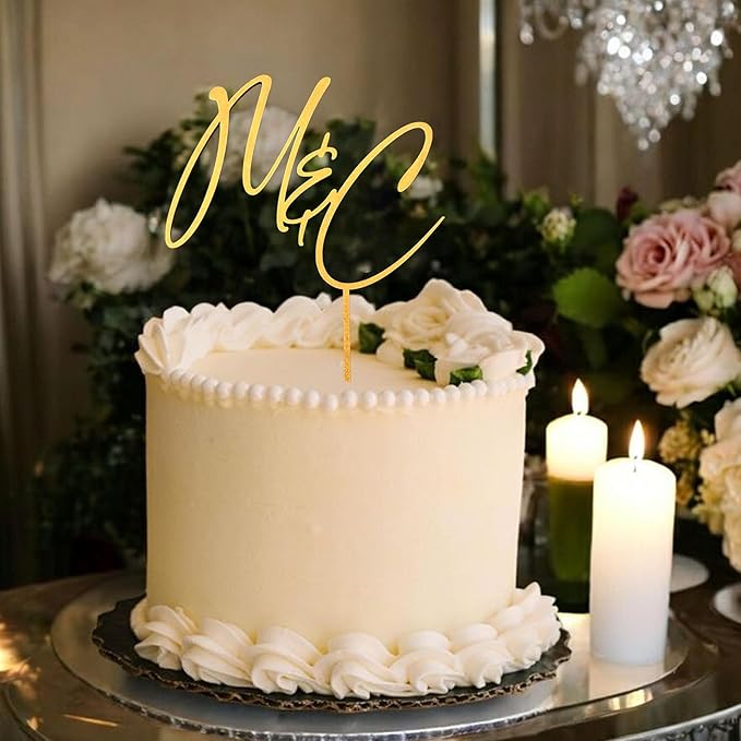 Personalized Wedding Cake Topper, Gold Cake Topper For Wedding, Rustic Weddings Cakes Topper, Personalized Acrylic or Wood Cake Decoration for Engagement, Anniversary, Bridal Shower 4