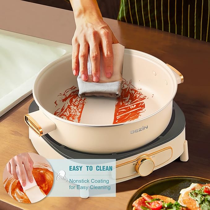 Dezin Electric Shabu Shabu Pot with Removable Pot, 4L Electric Non-Stick Pot with Multi-Power Control, 3.7" Depth Electric Cooker with Tempered Glass Lid for Party, Family and Friend Gathering