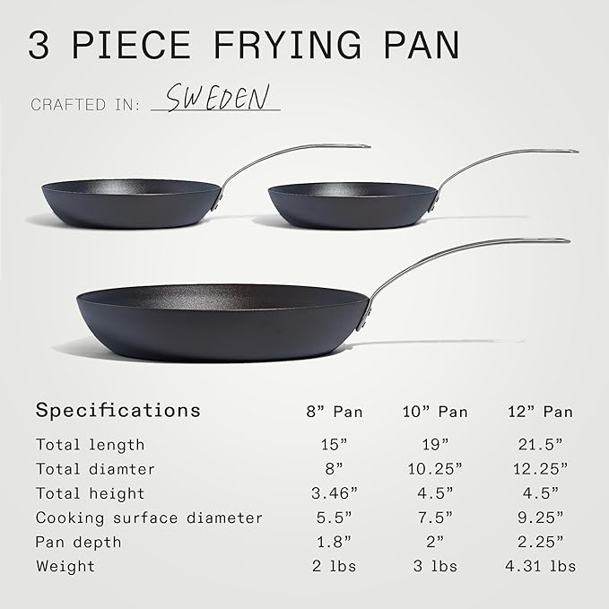 Made In Cookware - 3 Piece (Includes 8",10",12") Seasoned Blue Carbon Steel Frying Pan - (Like Cast Iron, but Better) - Professional Cookware - Crafted in Sweden - Induction Compatible