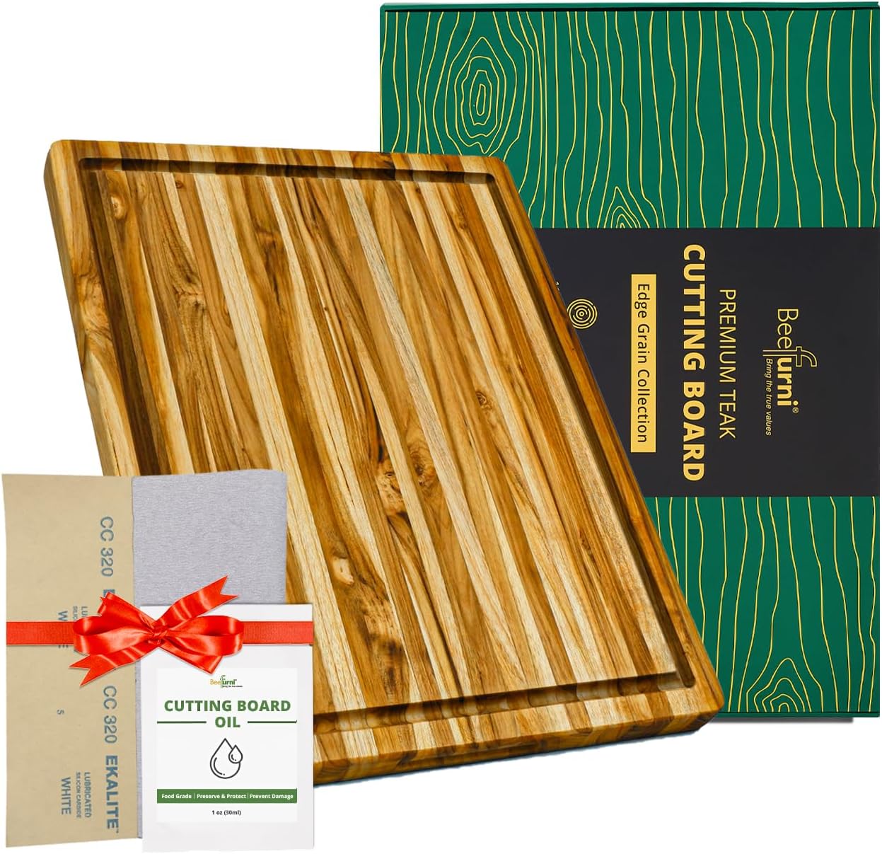 BEEFURNI Teak Wood Cutting Board with Juice Groove Hand Grip (M, 20x15x1.25"), Wooden Cutting Board for Kitchen, Butcher Block, Charcuterie Boards, Christmas Gifts, 1-year Manufacturer Warranty