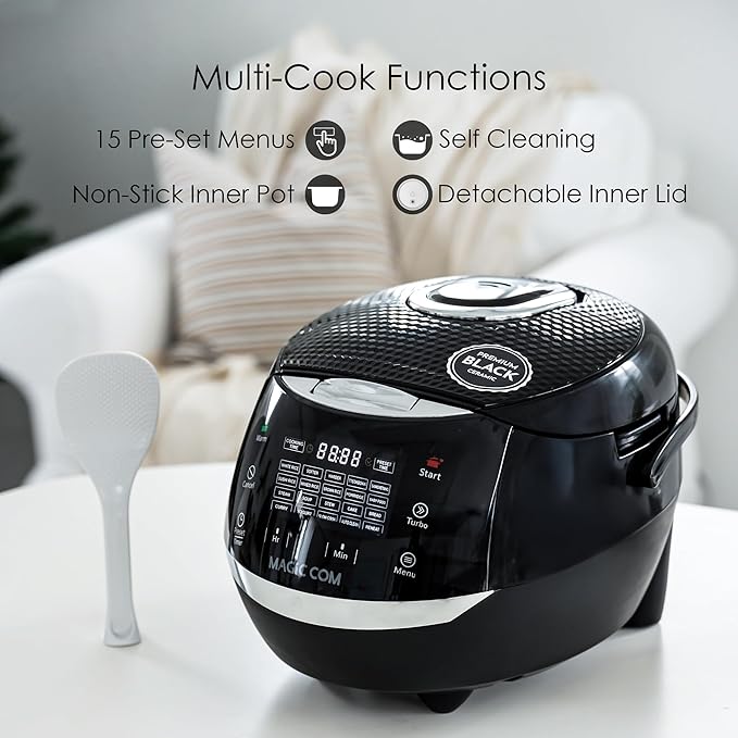MAGiC COM Rice Cooker, 10 Cup(Uncooked) 20 Cup(Cooked) One Touch Healthy Cooking with 15 Menu Modes, Nonstick Inner Pot, Steamer Basket, Auto Clean, 24 Hour Delay Timer and Auto Keep Warm (Black)