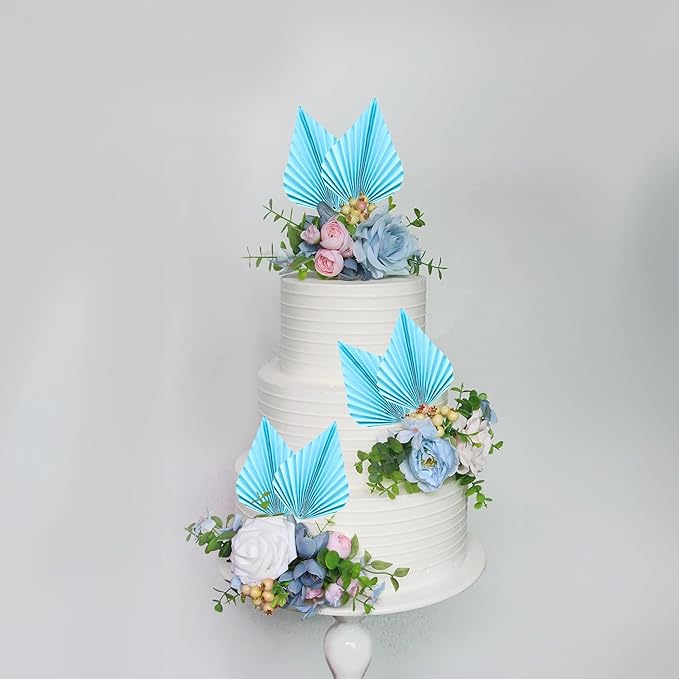 Gyufise 6pcs Paper Palm Fan Cake Toppers - Palm Leaf Fan & Spear Leaf Cupcake Toppers - Cake Insert Decoration for DIY Craft Projects, Home, Wedding, Party Supplies - Lake Blue
