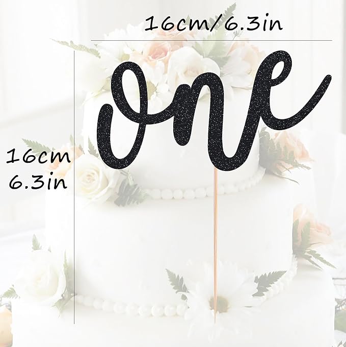 First Birthday Cake Topper - Black Glitter One Cake Decorating Supplies for Girls and Boys, Perfect for Baby Shower/Gender Revealing Party/Baby Party Photo Booth Props