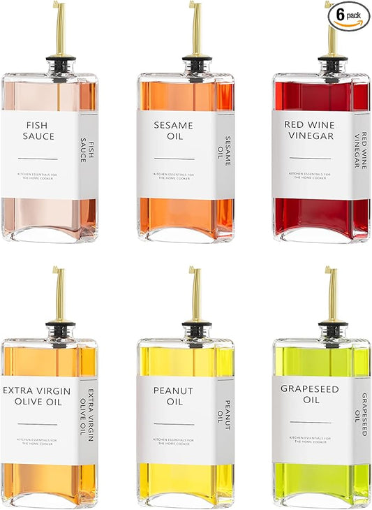 New England Stories Kitchen Cooking Oil Dispenser Set, Olive Oil and Vinegar Bottles, Soy Sauce Dispenser - 6 Pieces, Gold, Durable & Stylish Design