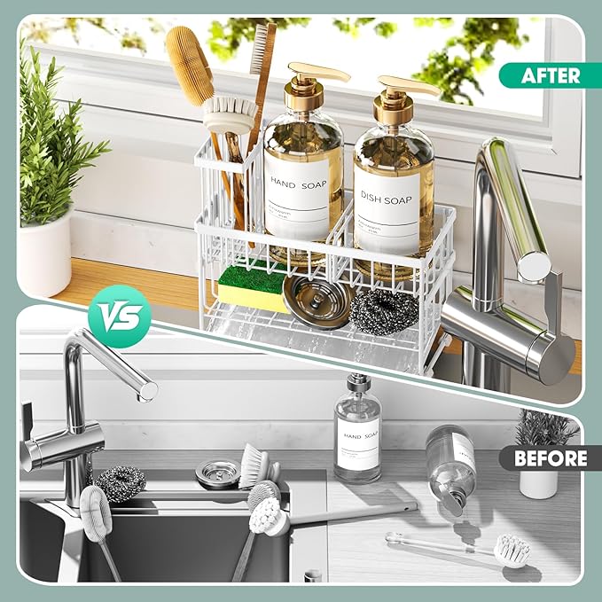 Sponge Holder for Kitchen Sink, 2 Tier Sink Caddy Organizer with High Brush Holder, Self-Draining Sponge Holder for Sinks, Soap Dispenser Organizer, Rustproof 304 Stainless Steel, White