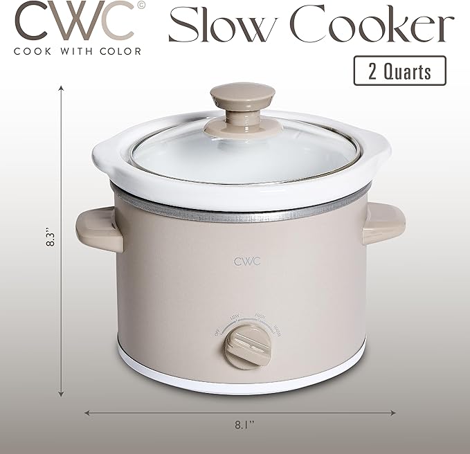 COOK WITH COLOR 2QT Mini Electric Round Slow Cooker - Adjustable Settings, Removable Stoneware Pot, Tempered Glass Lid, Dishwasher Safe, Cool-Touch Side Handles, Sand