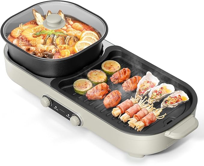 Electric Hot Pot with Grill, 2 In 1 Indoor Non-Stick Barbecue Shabu Hot Pot with Dual Temperature Control, Detachable Hotpot and Baking Tray, Smokeless Shabu Korean BBQ Grill