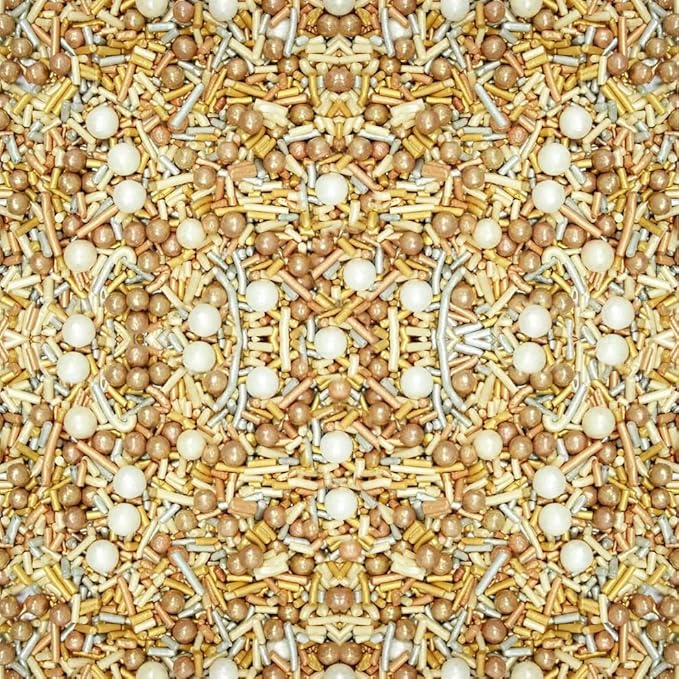 Confect Sprinkle Mix – Gold & White Pearl Sugar Strands for Baking, Cake Decoration & Cupcake Topping – Vegan, Gluten-Free, Nut-Free, Soy-Free, Dairy-Free, Palm Oil-Free – 4.2 Oz