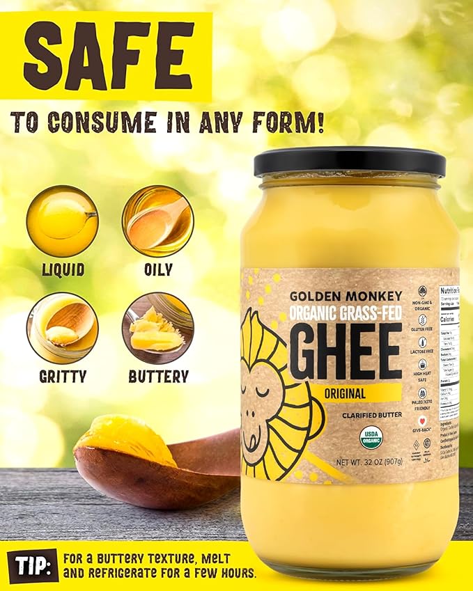 GOLDEN MONKEY Organic Ghee Butter – Grass Fed Clarified Butter for Cooking, Baking, Keto & Gut Health – Ghee Butter Organic Grass Fed from Small Farms – Smooth Spread with High Smoke Point (32oz)