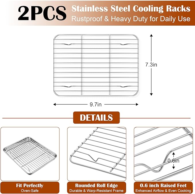 E-far Small Baking Sheet with Wire Rack (2 Pans + 2 Racks), Stainless Steel Cookie Sheets Trays & Cooling Rack for Toaster Oven, Non Toxic & Warp Resistant, Oven & Dishwasher Safe, 10.5 x 8.3 x 1 Inch